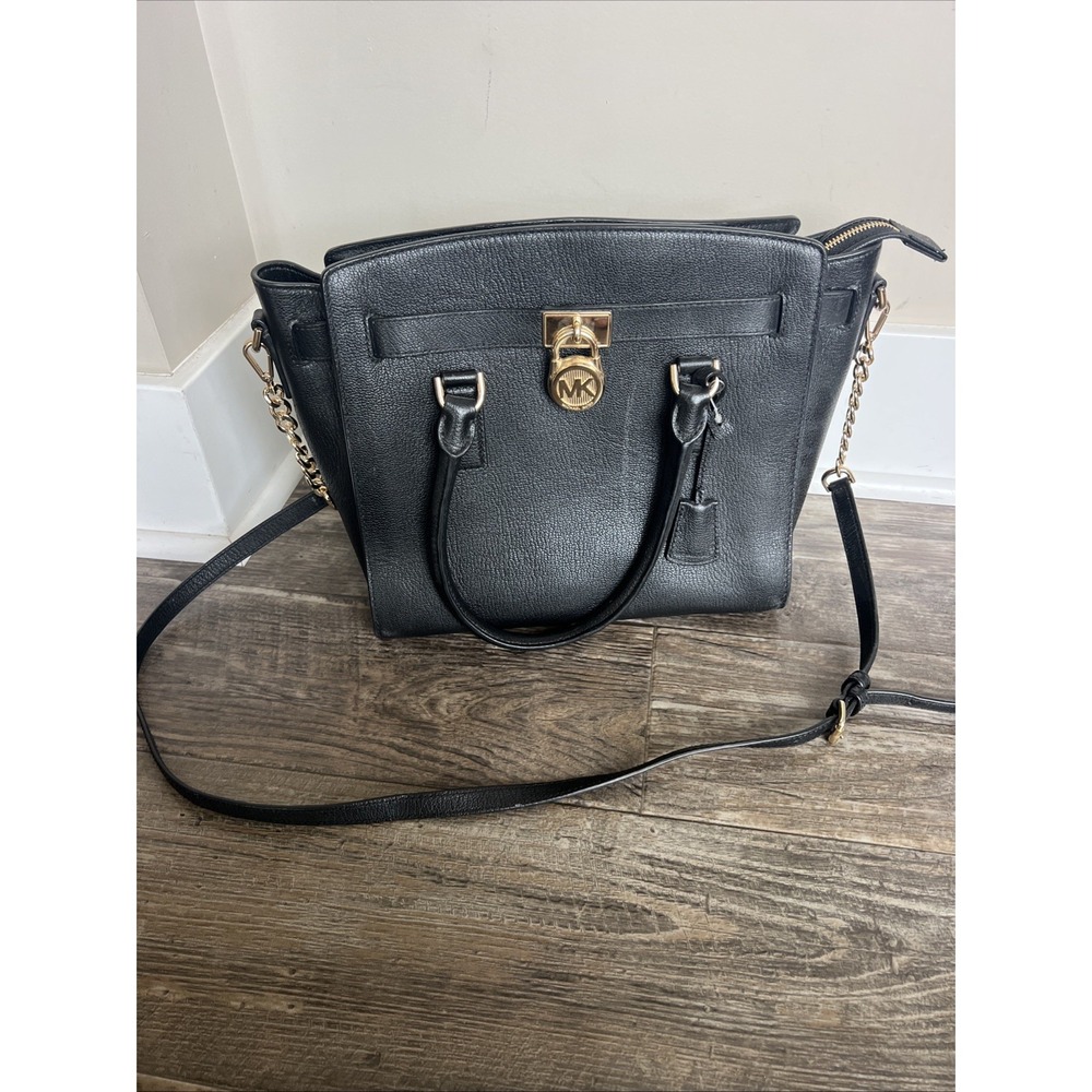 Michael Kors Hamilton‎ Medium Satchel Leather Shoulder Bag Handbag Purse Black